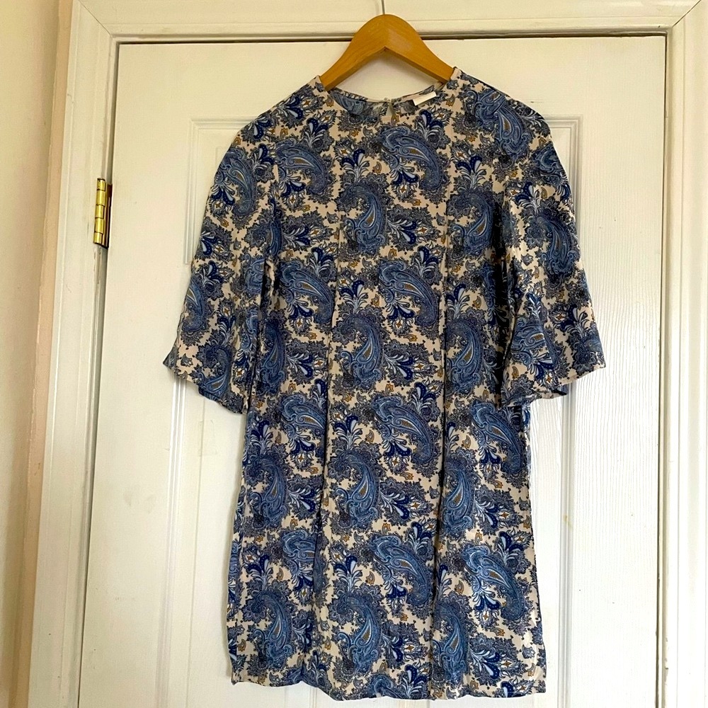 H&M Blue Paisley Mini Dress with Bell Sleeves